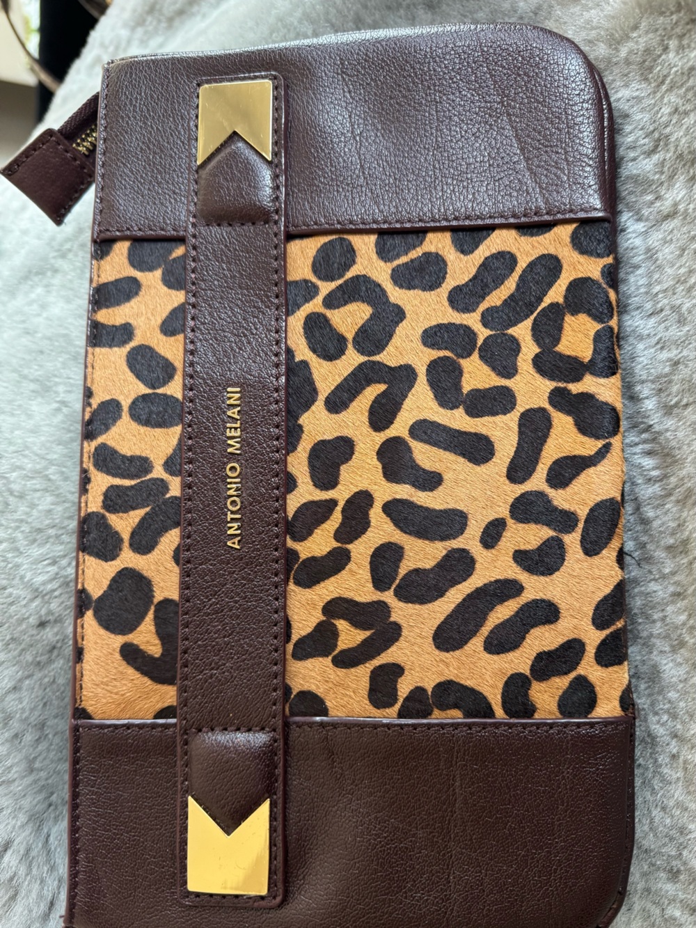 ANTONIO MELANI Brown Leopard-Print Wristlet with Gold Accents